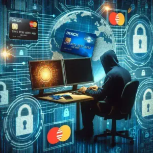 "Ethical hacker analyzing cybersecurity measures to prevent credit card fraud, highlighting the importance of ethical hacking in protecting financial information."
