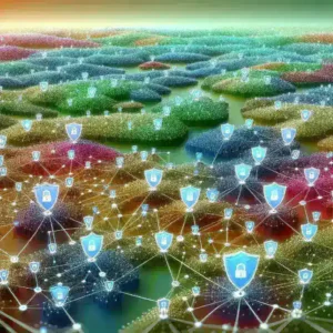 Alt text: "Diagram illustrating decentralized security models and their application in edge ecosystems, showcasing interconnected devices and secure data exchange."